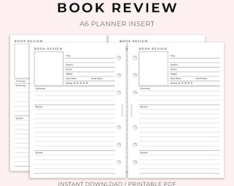 Book Review A6 Printable, Planner insert for Actual A6, Printable planner insert, A6 Printable Reading Insert, Ring Binder A6