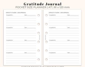 Gratitude Journal Pocket Size Printable, Planner insert for Pocket size, Printable journal insert A7, Ring Binder Daily Gratitude