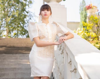 knee length dresses for ladies WO06 - MADE-TO-ORDER - Women's Barong Tagalog Aqua Blue