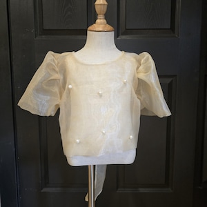 May include: A sheer, ivory-colored top with short, puffed sleeves and a round neckline. The top is adorned with pearl-like embellishments.