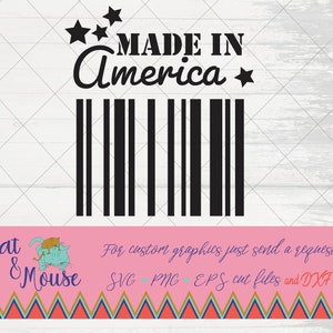 May include: Black and white graphic design with the text "Made in America" and a barcode. The design is on a white wood background. The text "Cat & Mouse" is in pink with a cat and mouse illustration.