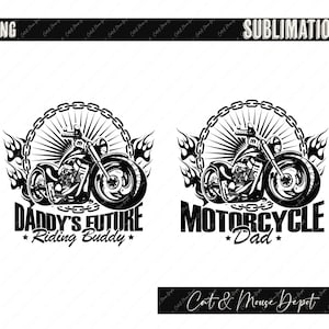 May include: Black and white illustration of a motorcycle with flames and a chain link circle around it. The text "Daddy's Future Riding Buddy" is below the motorcycle.