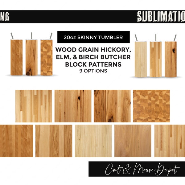 Hickory, Elm &  Birch wood grain tumbler bundle with butcher block patterns PNG Sublimation