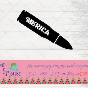 May include: Black silhouette of a bullet with the word "AMERICA" written on it in white letters. The bullet is on a white woodgrain background.