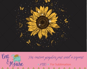 May include: A digital illustration of a yellow sunflower with a black center surrounded by a ring of gold butterflies. The sunflower is surrounded by a scattering of gold glitter.