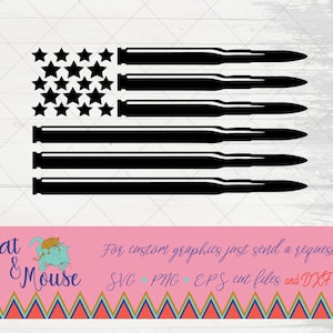 May include: Black and white silhouette of an American flag with stars and stripes. The stripes are made of bullet casings. The text "Cat & Mouse" is at the bottom of the image.