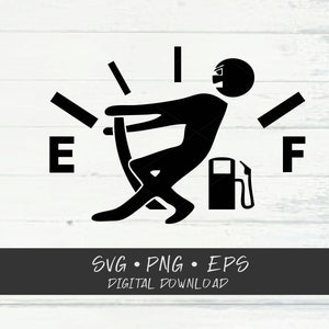 May include: Black and white illustration of a stick figure holding a gas pump with the letters E and F on either side of the figure.