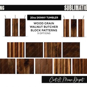 Walnut wood grain tumbler bundle with butcher block patterns PNG Sublimation