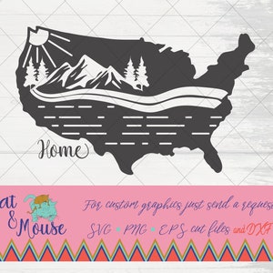 May include: A black and white silhouette of the United States with mountains, a sun, trees, and a lake. The word "Home" is written below the silhouette.