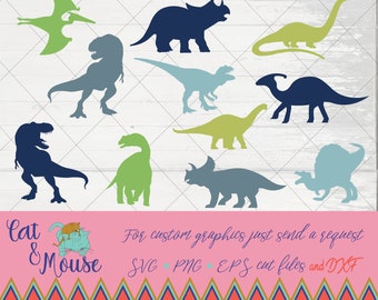 May include: A set of 10 dinosaur silhouette cut files in various colors, including blue, green, and yellow. The dinosaurs include a triceratops, stegosaurus, brachiosaurus, and tyrannosaurus rex. The text "Cat & Mouse" and "For custom graphics just send a request SVG PNG EPS cut files and DXF" is at the bottom of the image.