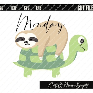 May include: A green turtle with a brown sloth sleeping on its back. The sloth has a sad expression and the turtle has a happy expression. The text "Monday" is written above the turtle and sloth. The text "Cat & Mouse Depot" is written below the turtle and sloth.