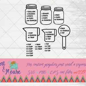 May include: Black and white line art illustration of various measuring cups and jars with measurements in US customary units. The image includes a 1 gallon jar, a 1 quart jar, a 1 pint jar, a 1 cup measuring cup, a 1/4 cup measuring cup, and a 1 tablespoon measuring spoon. The text "Cat & Mouse" is at the bottom of the image.