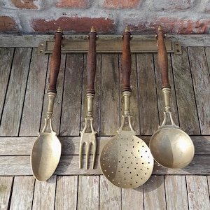 Vintage Brass Kitchen Utensil Set With Rack Set Of 4 Large Spoons And Fork Rustic Cottage Kitchen Decor