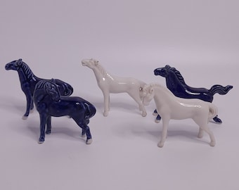 Vintage Porcelain Blue And White Miniature Horses Set Of 5