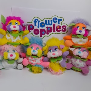 Flower Popples volledige set van 6 Mattel Inc Vintage 1987 speelgoedpluchen jaren &#39;80 speelgoedgrote complete set
