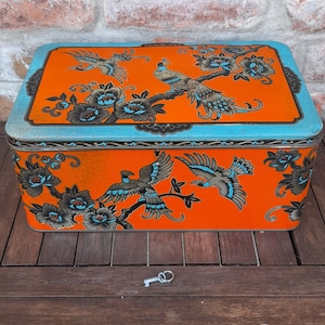 Vintage Art Nouveau Belgische Blikken Doos Met Pauwen Oranje En Blauw Schuybroek Tin