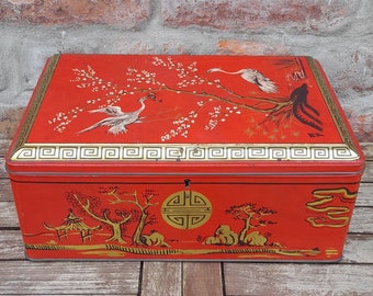 Vintage Belgian Tin Box With Red Asian Style Theme And Cranes Vintage 1950's Cookie Tin