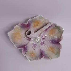 Vintage Porcelain Leaf Shape Ash Tray With Embossed Pipe Pastel Colors Collectible Smoke Pipe Tobacciana