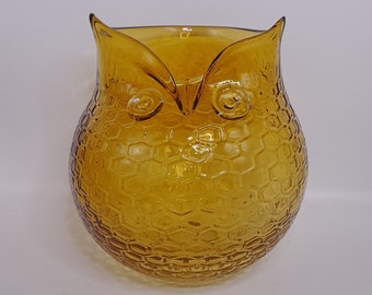 Vase vintage hibou en verre ambré, décor rétro en verre des années 1970