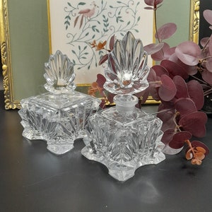Vintage Cristal Glass Pressed Glass Vanity Set With Perfume Bottle And Vanity Pot Cotton Ball Jewelry Pot Set Of 2