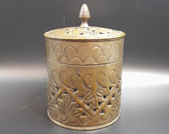 Vintage Brass Potpourri Lidded Cylindrical Pot Rustic Incense Burner Cricket Box