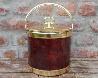 Cubo de hielo vintage de kraftware de mediados de siglo con tapa de latón y lados de cuero sintético