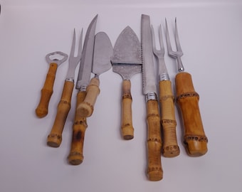 Vintage bamboe handvat bestek en zilverwerk Bamboe handvat vleesmes en vork Bamboe gekarteld mes