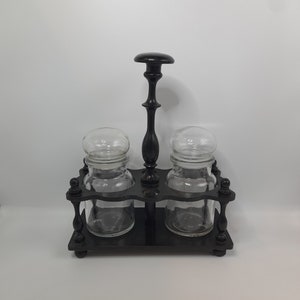 Vintage Apothecary Glass Belgian 1970&#39;s Bubble Lid Storage Bottles With Holder