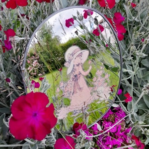 Vintage Sarah Kay ovale spiegel Valentine Australia Meisje met bloemen en hondje