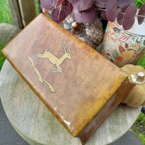Vintage rechthoekige hertenblik uit de jaren 50, Midcentury Faux Bois Tin opbergdoos