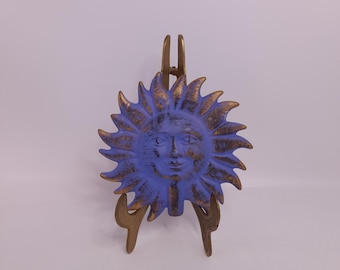 Vintage Terrakotta Keramik Leende Sol Blå Och Guld 1980-1990-talet Hängande Julgransprydnad Trädtopp Pricker Celestial Decor