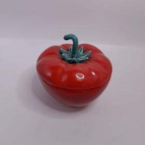 Può includere: Un contenitore in ceramica a forma di pomodoro con finitura rossa lucida. Presenta un gambo verde e dettagli di foglie sulla parte superiore. Il coperchio si adatta perfettamente, suggerendo che sia progettato per la conservazione o l'esposizione.