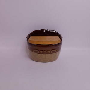 Vintage Stoneware Salt Keeper Ceramic Salt Pot With Wooden Lid Cottage Core Rustic Cottage Decor