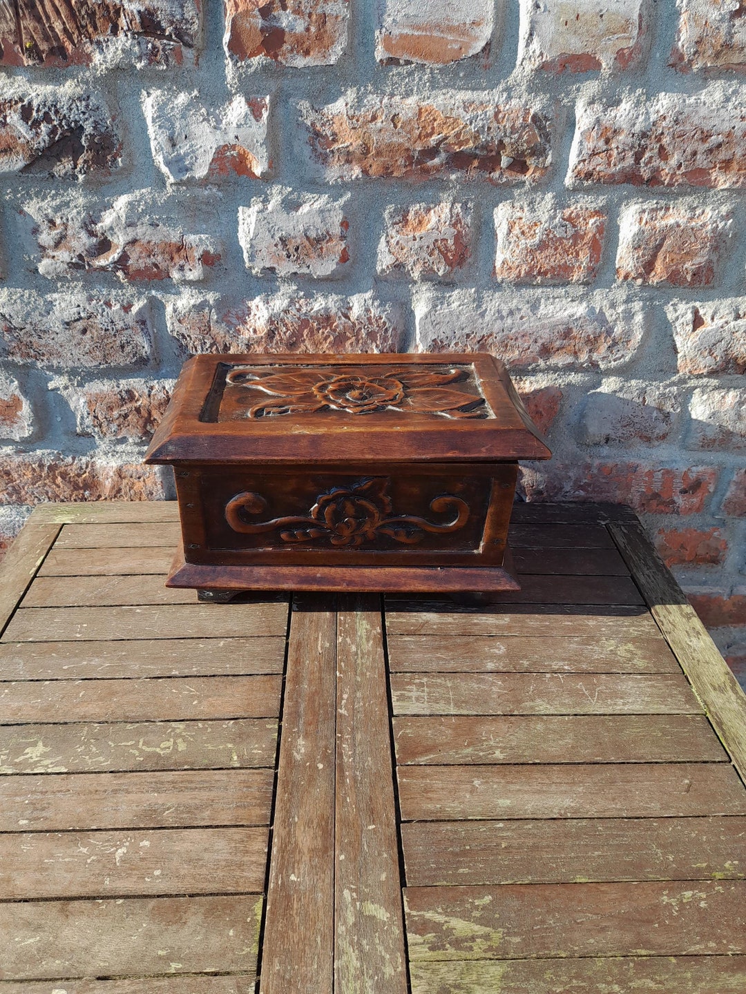 Vintage Handcarved Wooden Storage Box With Flowers Rustic Cottage Decor ...