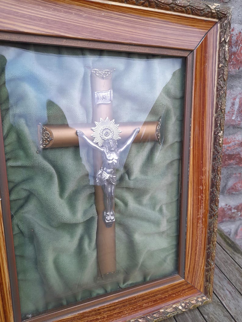 Antique Religious Crucifix Behind Convex Rectangular Glass Dome Hand ...