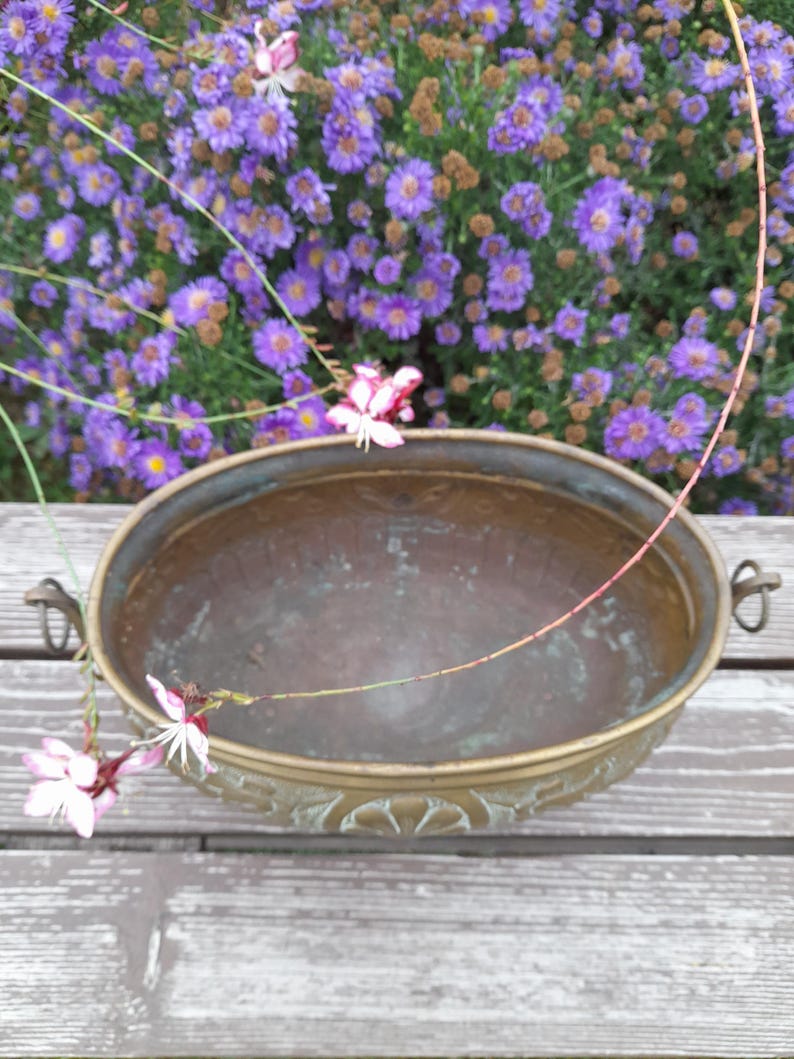 Pu&ograve; includere: Un'antica fioriera in ottone, di forma ovale, con dettagli decorativi sul bordo inferiore. La fioriera ha due piccole maniglie e contiene acqua. Fiori rosa e bianchi e un sottile stelo sono drappeggiati sulla fioriera, con uno sfondo di fiori viola.
