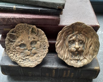 Puede incluir: Dos platos decorativos antiguos de bronce, uno con la cara de un gato y otro con la cara de un león. Se colocan sobre una pila de libros antiguos con cubiertas oscuras. El fondo muestra follaje verde borroso.