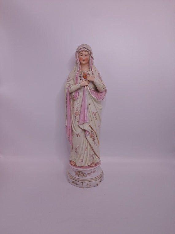 Antiek Frans Bisque-porselein Moeder van Maria Madonna Bloedend hart christelijk religieus standbeeld