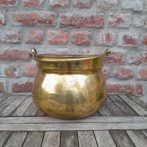 Vintage Brass Pot Cauldron Kettle With Hammered Look And Brass Handle Rustic Fireplace Decor