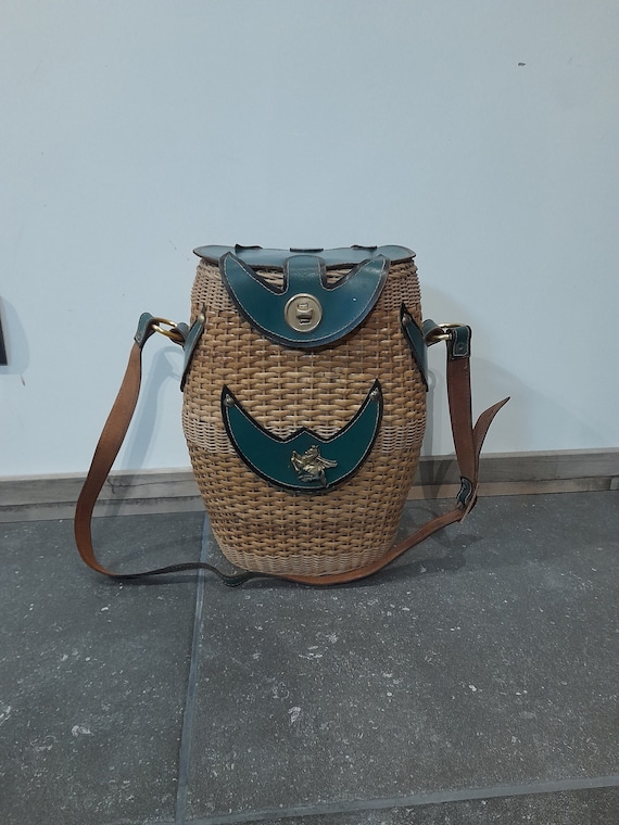 Vintage rieten en lederen grote geweven groene draagtas picknicktas met Pegasus