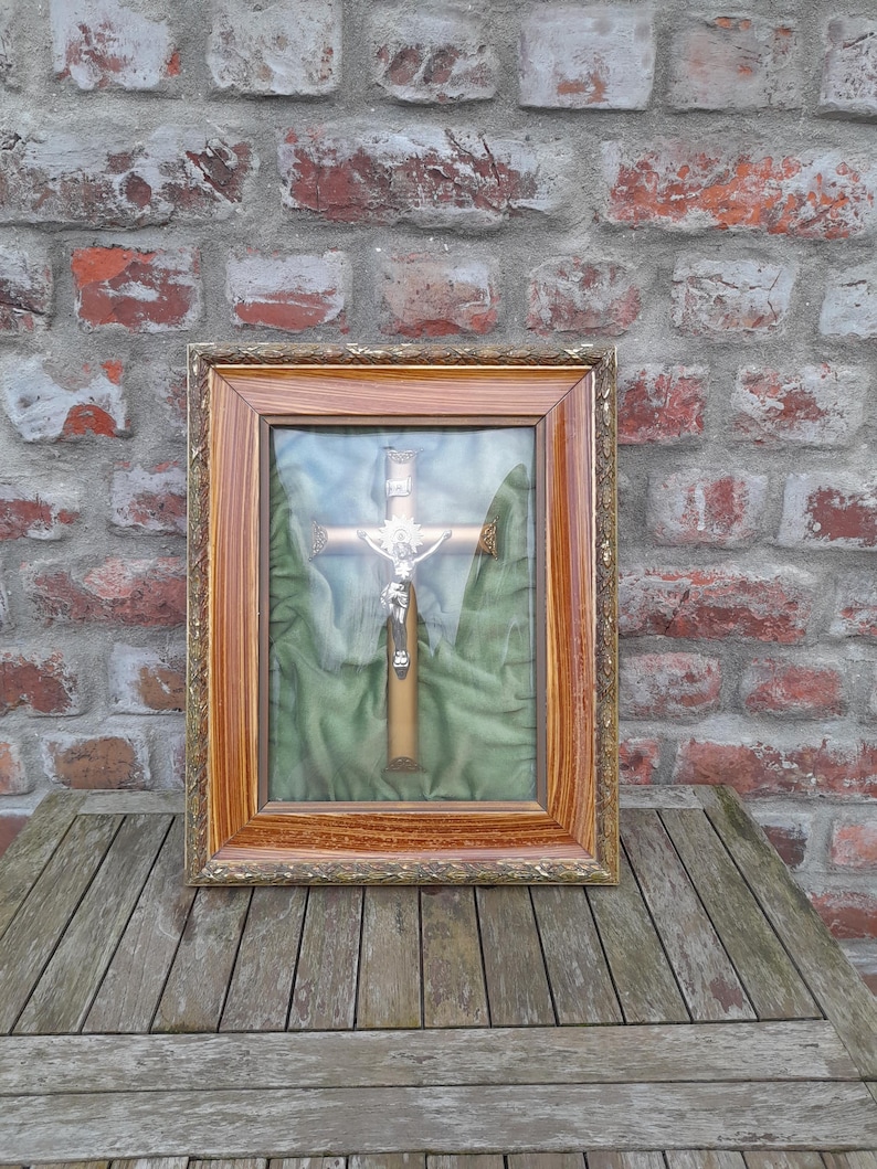 Antique Religious Crucifix Behind Convex Rectangular Glass Dome Hand ...