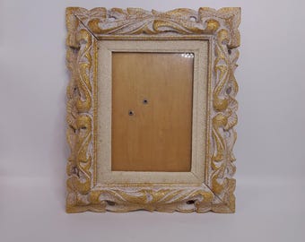 Antique Baroque Style  Picture Frame With White And Gold Ornate Patterns Wood And Plaster Picture Frame