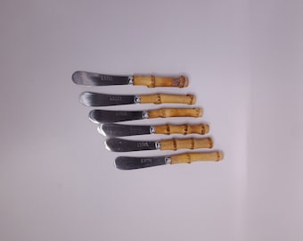 Ensemble de 6 couteaux à beurre vintage avec manche en bambou et argenterie avec manche en bois de lyre