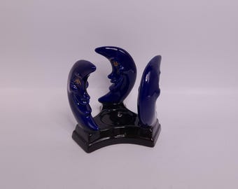 Vintage Blue Moon Candle Holder 90&#39;s Moon Wican Decor Ceramic Moon Candleholder