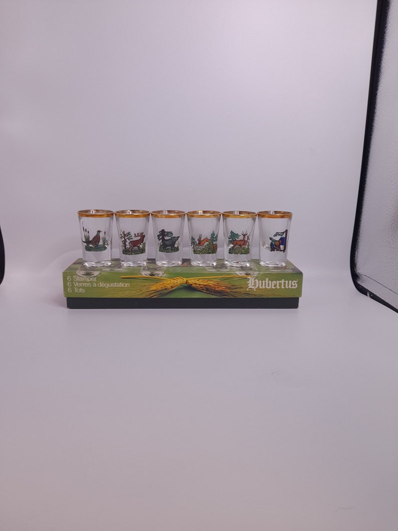 Vintage Hubertus 1960's 1970's German Shot Glasses With Wild Animals