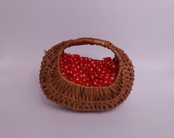 Vintage Weidenkorb 50er 60er Jahre Picknickkorb Geldbörse mit Stofffutter roter und weißer Polka Dot Naturlook Gondel Retro Korb