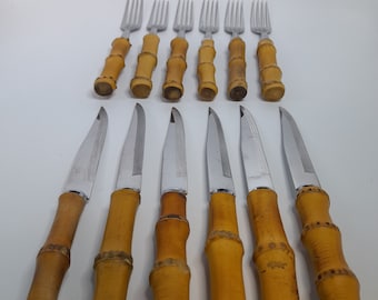 Vintage bamboe handvat messen en vorken set van 12 roestvrij staal bestek Vintage eetkamer natuurlijk materiaal