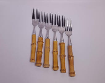 Vintage Bamboo Handle Forks 1970's Silverware Set Of 6 Vintage Cottage Decor