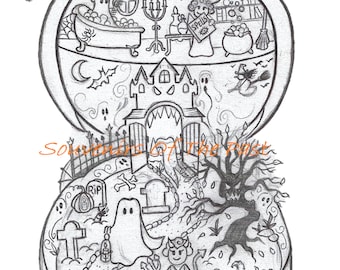 Hallloween Vintage Polly Pocket inspirado hoja para colorear para adultos tamaño A4 imprimible dibujo color página Halloween Otoño tema PollyWeen Samhain