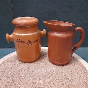 Vintage French Onion Pot Stoneware Pottery Water Can Pitcher Earthware Ceramic